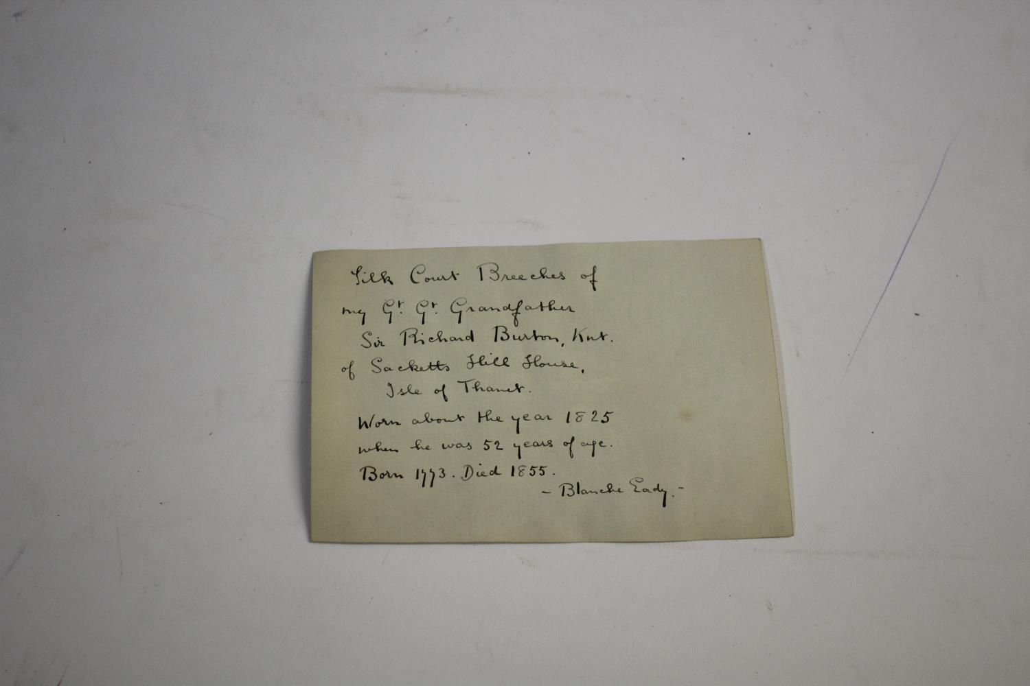 EARLY 19THC SILK COURT BREECHES circa 1825, a pair of silk breeches worn by Sir Robert Burton of - Image 5 of 5