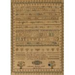 FRAMED SAMPLER - ANTHANINAH ELIZABETH POSTILL a neatly laid out sampler with rows of letters and