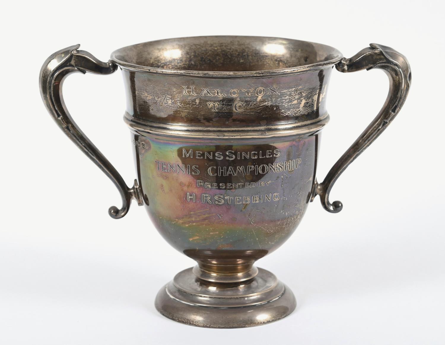 LARGE SILVER TENNIS TROPHY CUP a large two handled silver trophy cup, for the Halcyon T C Mens