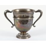 LARGE SILVER TENNIS TROPHY CUP a large two handled silver trophy cup, for the Halcyon T C Mens