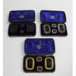 EDE & SONS BOXED 19THC BUCKLES three sets of shoe buckles within silk and velvet lined boxes, each