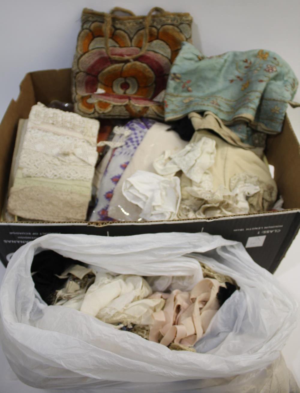 COLLECTION OF FABRICS & LACE a mixed lot including various fabric off cuts, household linens, a