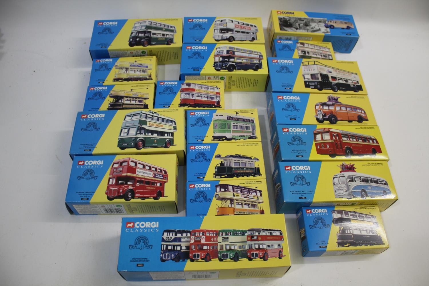 CORGI CLASSICS - BOXED BUSES 19 boxed buses including 33001 Routemaster Set, 35201 Green Line, 35001
