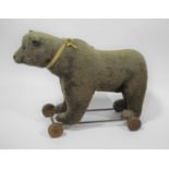 VINTAGE PULL ALONG BEAR possibly by Steiff, the Bear mounted on a metal frame and wooden wheels.