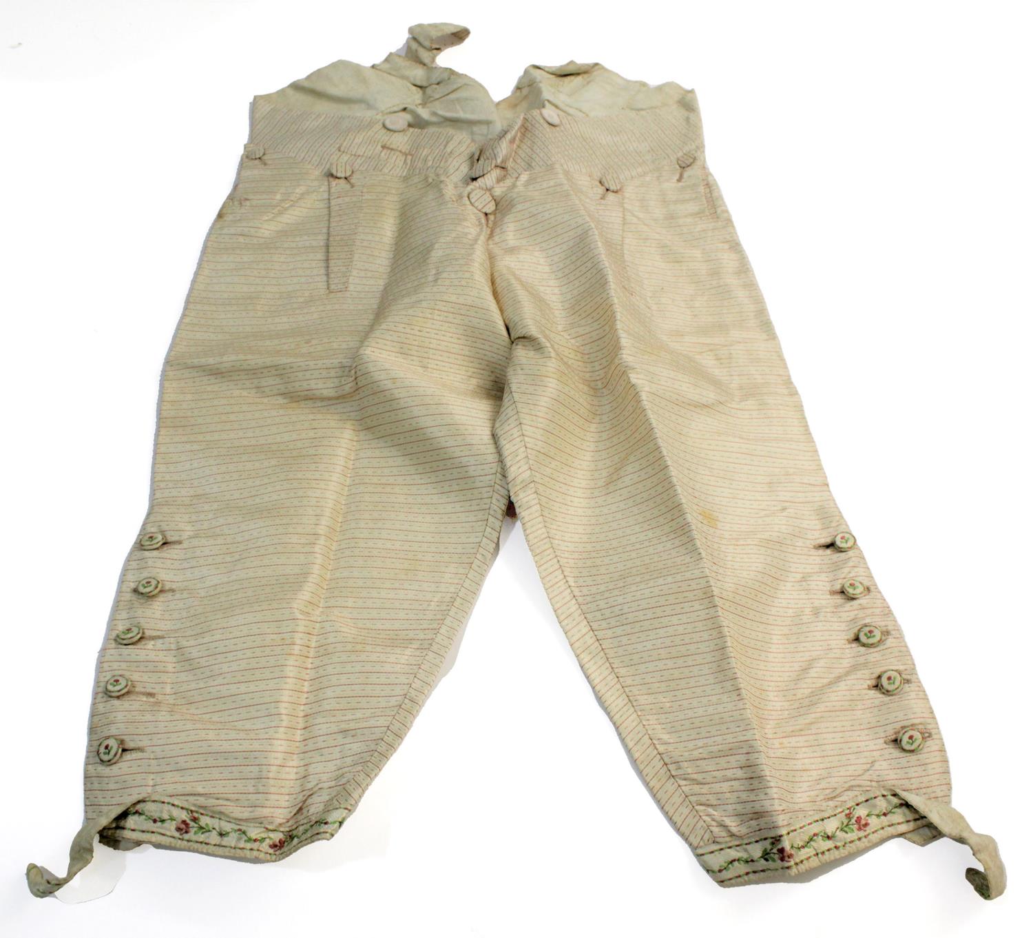 EARLY 19THC SILK COURT BREECHES circa 1825, a pair of silk breeches worn by Sir Robert Burton of