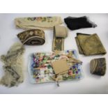 LACE BOBBINS & TEXTILES a mixed lot including various wooden lace bobbins, a panel of gold