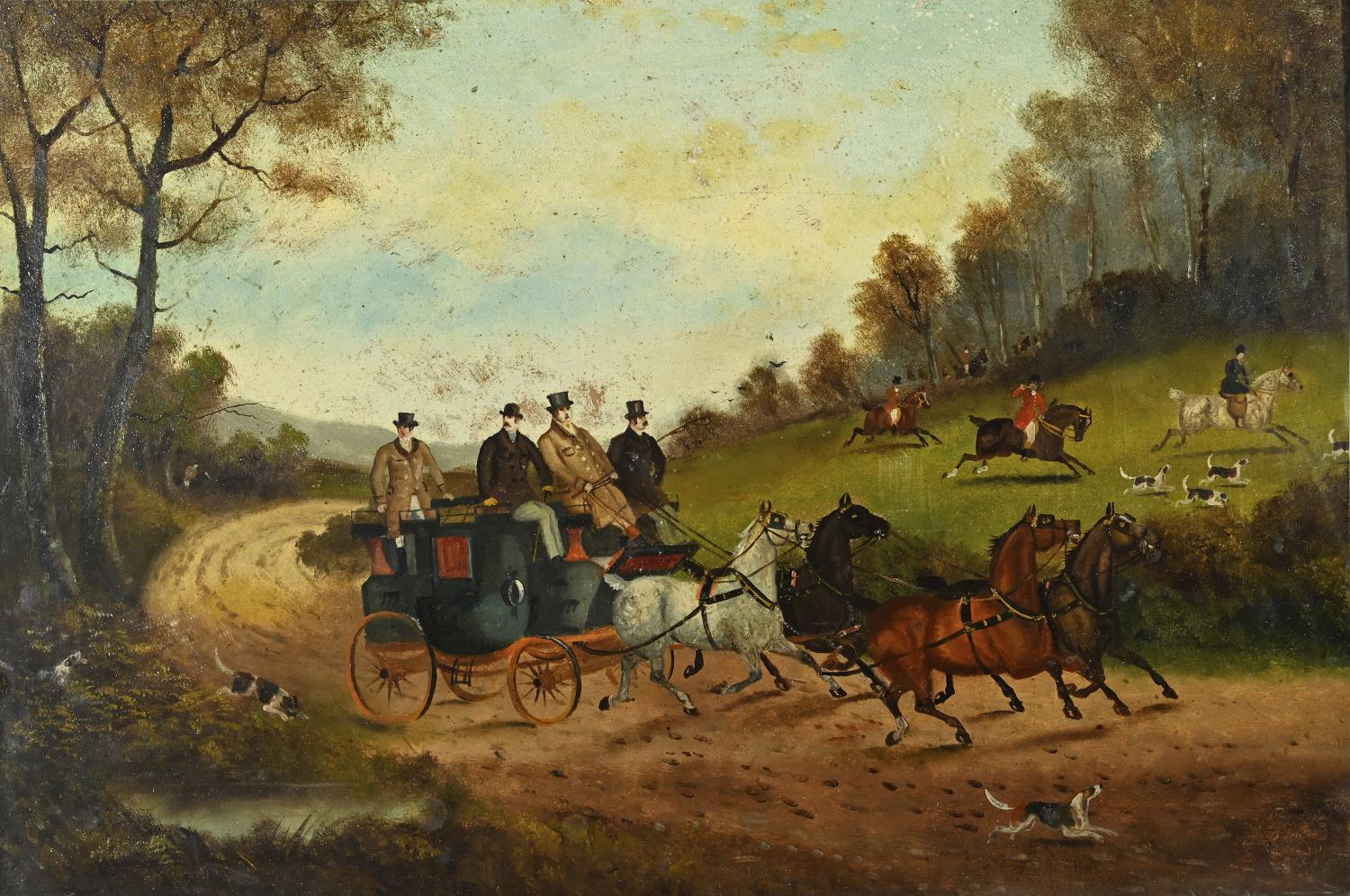 ATTRIBUTED TO PHILIP RIDEOUT `THE FETTERED AND THE FREE`: THE COACH PASSES THE HUNT Signed