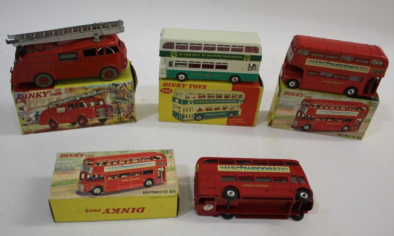 DINKY TOYS boxed models including 955 Fire Engine, 289 Routemaster Bus (x2 Schweppes), and 293