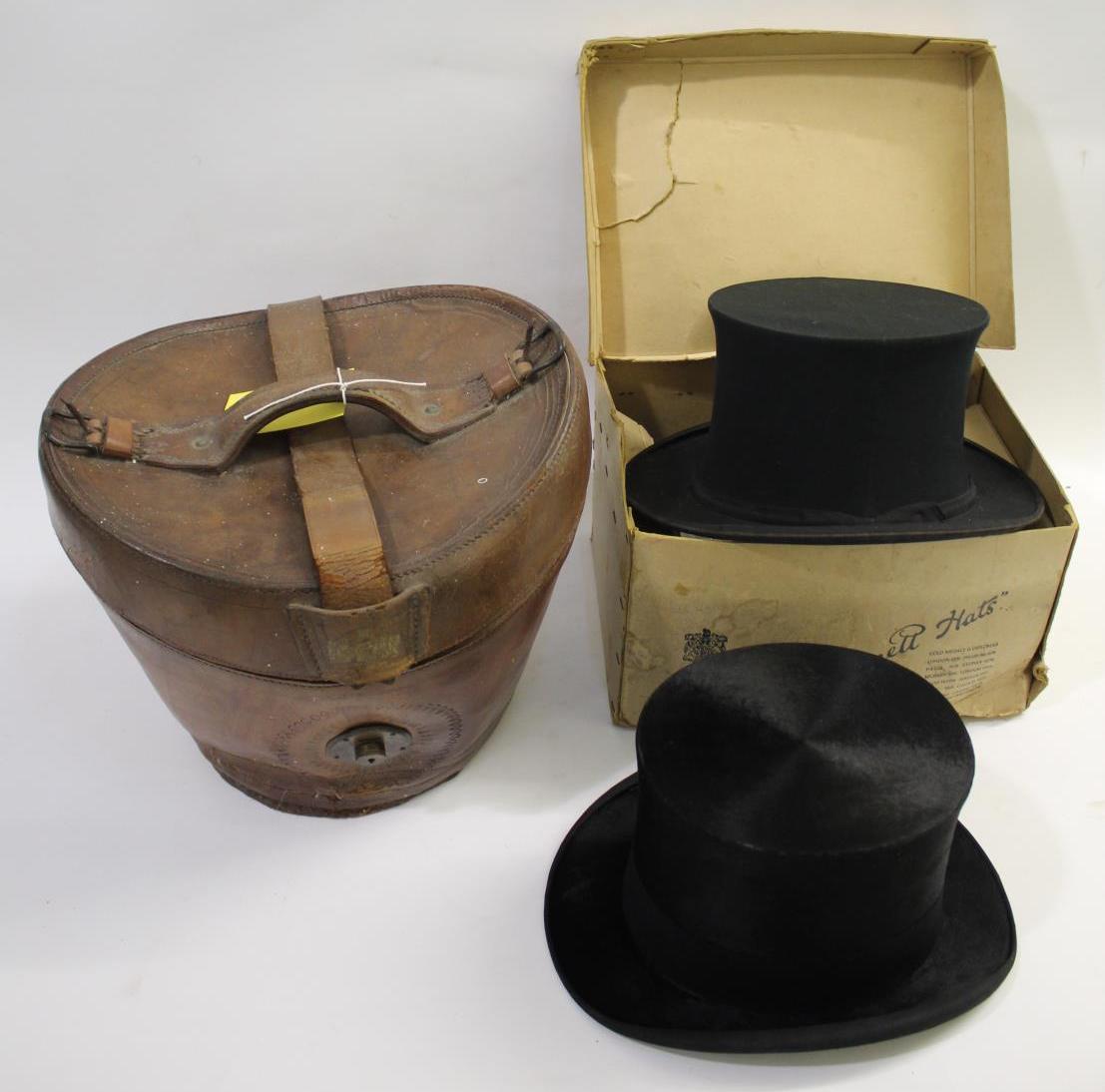 LEATHER HAT BOX & TOP HATS a mixed lot including a leather hat box, marked inside for Dunlap & Co (