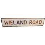 LONDON ROAD SIGN - WIELAND ROAD a metal painted road sign with pierced holes for fixings, 107cms