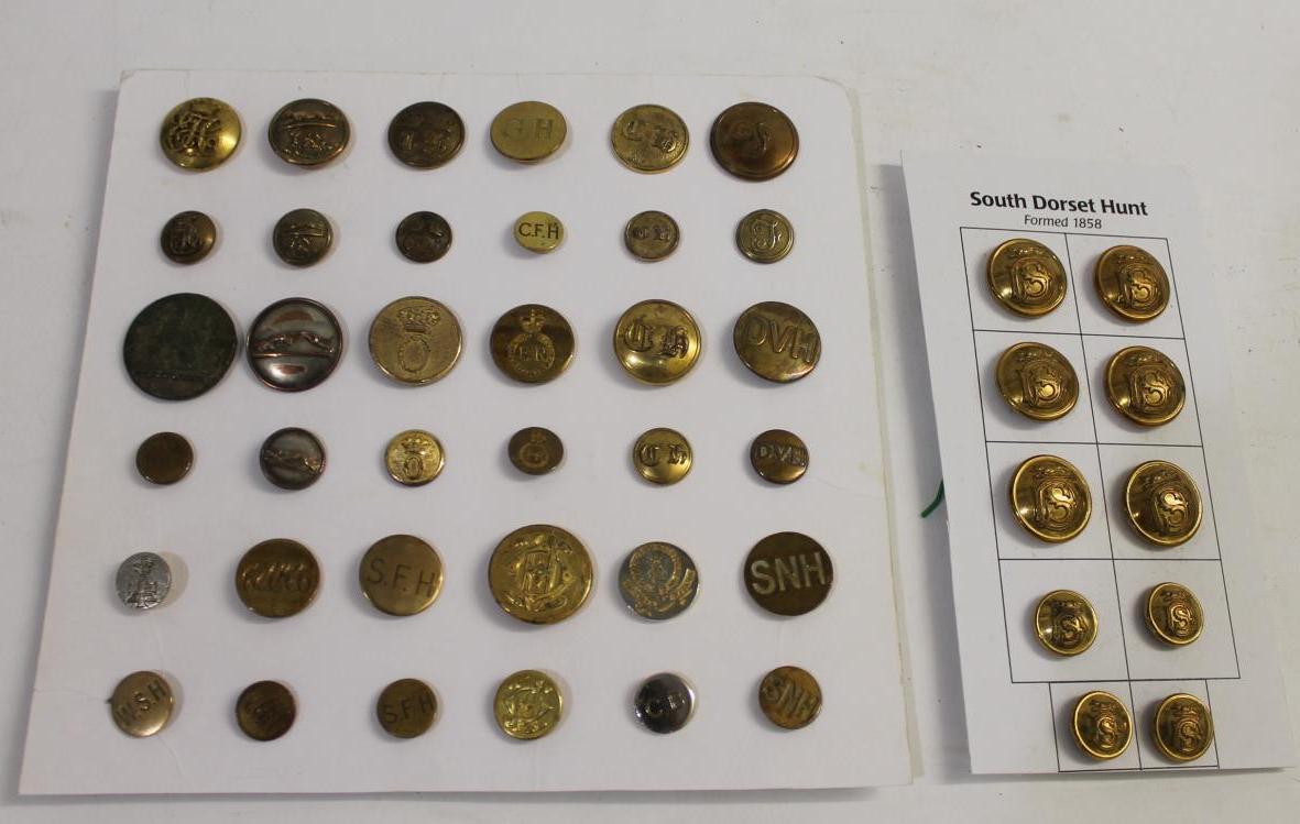 HUNTING BUTTONS including a card with 10 brass buttons from the South Dorset Hunt, and a card with a