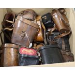 LEATHER BINOCULAR & OPERA GLASS CASES 2 boxes with a variety of leather binoculars and opera glass