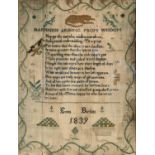 FRAMED 19THC SAMPLER - EMMA BARTLETT, 1839 the sampler embroidered with a poem Happiness Arising