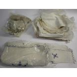 HOUSEHOLD LINENS a mixed lot including some with embroidered examples, a family christening robe,