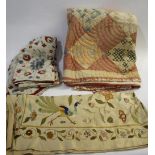 VINTAGE TEXTILES including a linen embroidered susani, an early 20thc patchwork quilt, a silk