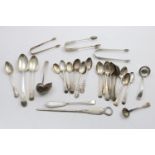 MISCELLANEOUS FLATWARE & CUTLERY:- 24 various teaspoons (including some fancy backs), an engraved