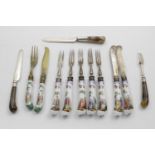 A SET OF FIVE LATE VICTORIAN DESSERT FORKS AND TWO DESSERT KNIVES with painted porcelain, pistol