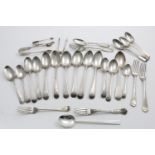 A MIXED LOT OF FLATWARE:- 11 tablespoons, 3 table forks, 7 dessert spoons, 2 dessert forks