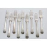 A RARE GEORGE III PROVINCIAL MATCHED SET OF NINE OLD ENGLISH PATTERN TABLE FORKS (two bottom-