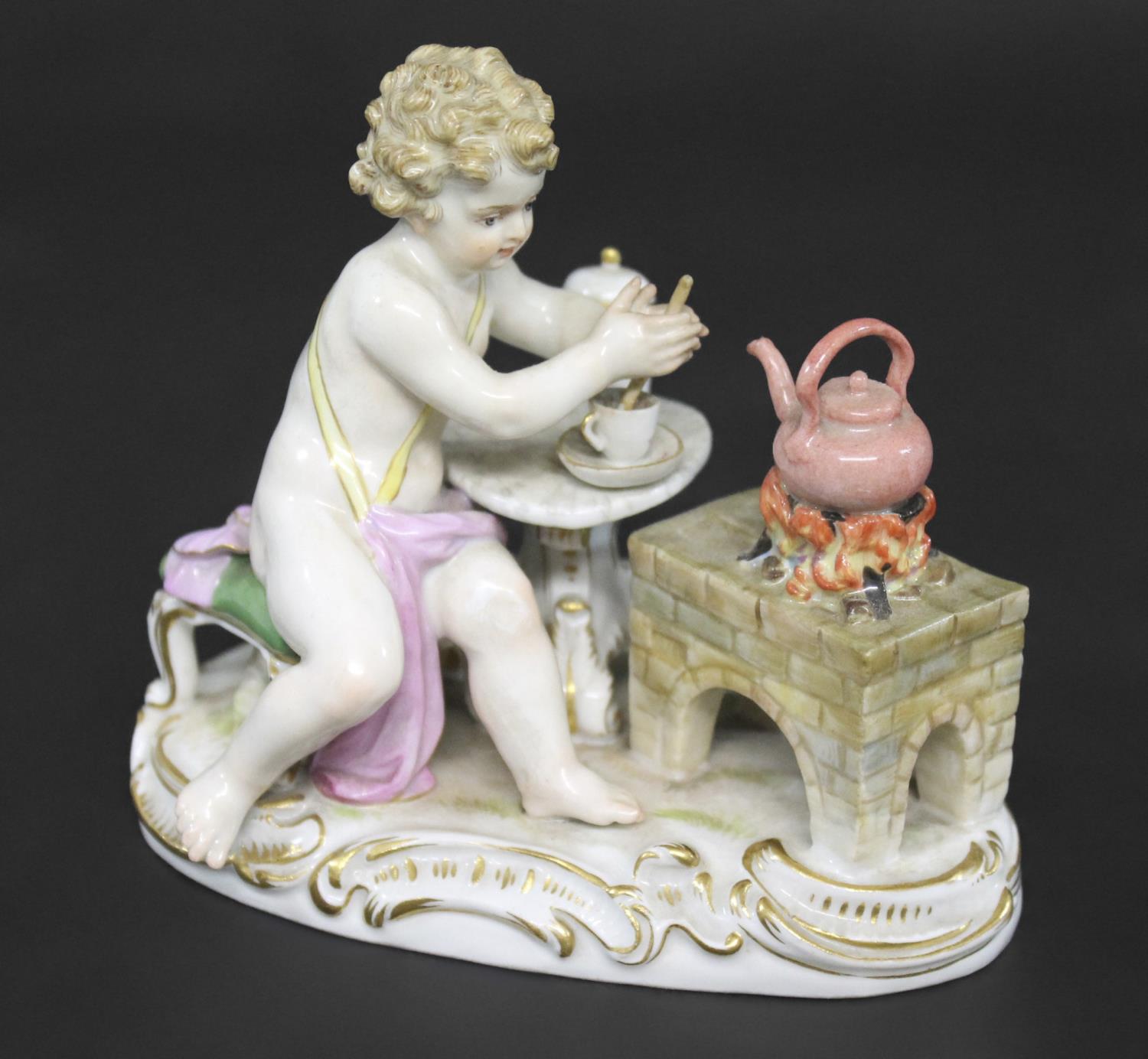 MEISSEN FIGURE a porcelain figure of a cherub mixing a drink, with a brazier and a kettle on a fire,