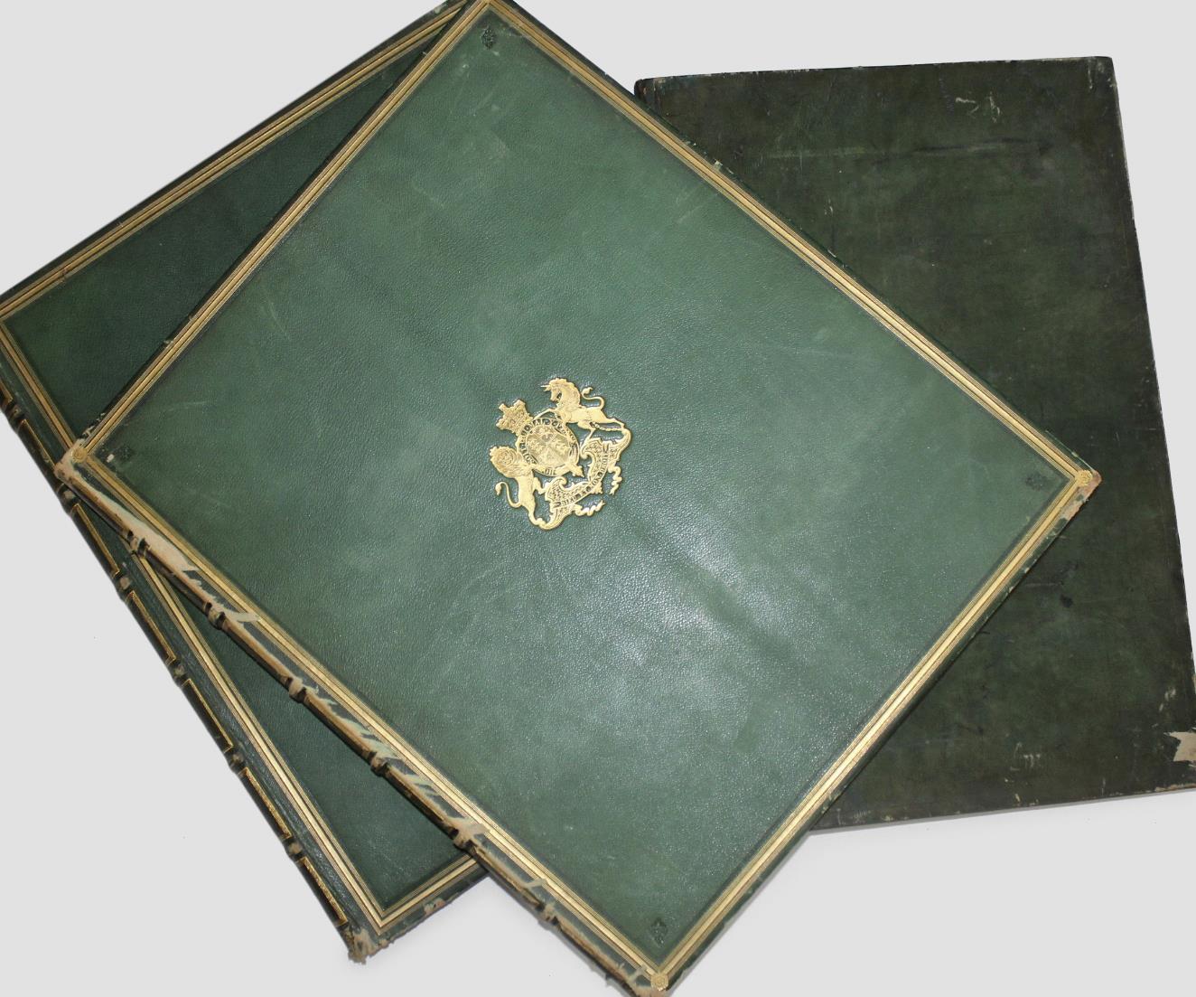 BRITISH MUSEUM: PRINT FOLIOS Two, each empty but with many blank pages, green morocco, lettered `
