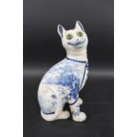 GALLE STYLE POTTERY CAT - DELFT a delft pottery cat in the Galle style, painted with a landscape