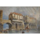 CIRCLE OF JOSEPH JOSIAH DODD (1809-1894) OLD LONDON BRIDGE Watercolour and pencil, with stopping out