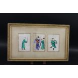 FRAMED CHINESE PITH PAINTINGS two matching gilt frames each with three pith paintings of Court