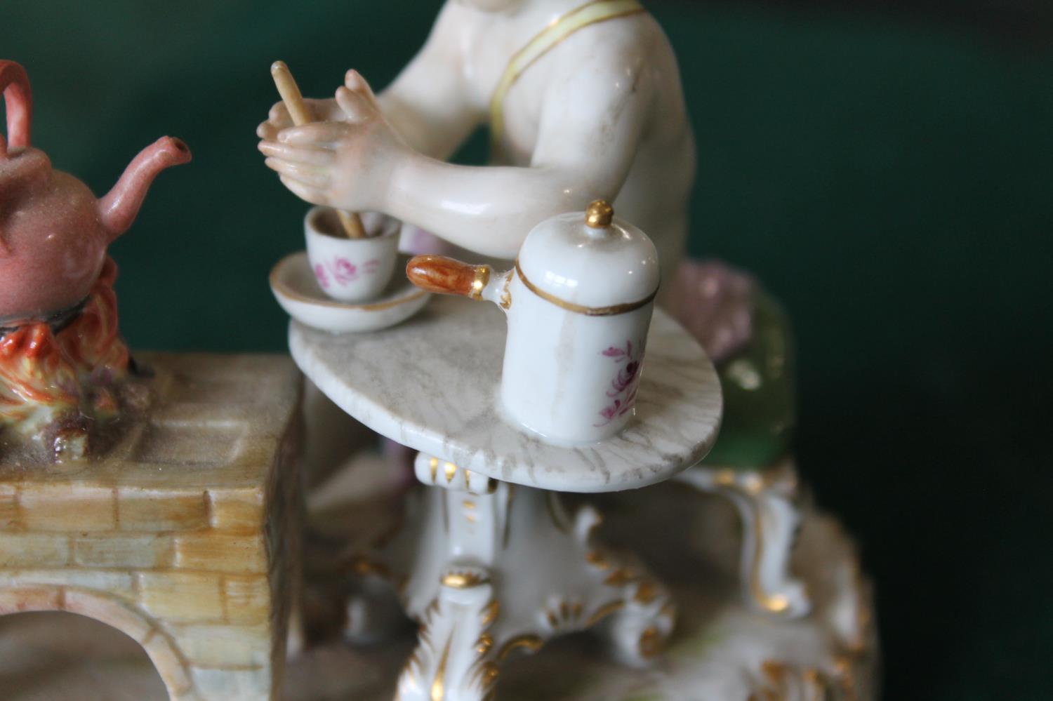 MEISSEN FIGURE a porcelain figure of a cherub mixing a drink, with a brazier and a kettle on a fire, - Image 12 of 13