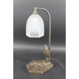 ART DECO LAMP - STORK a spelter figure of a stork, mounted on a marble base with circular recess,