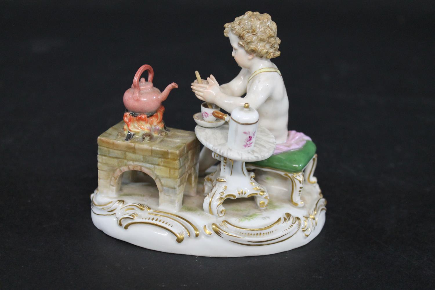 MEISSEN FIGURE a porcelain figure of a cherub mixing a drink, with a brazier and a kettle on a fire, - Image 3 of 13