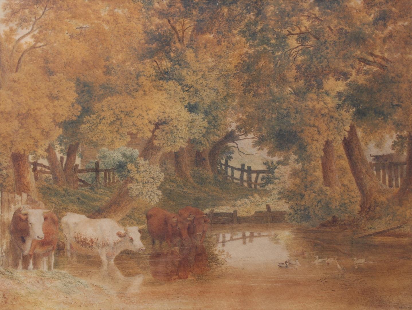 ROBERT HILLS (1799-1864) CATTLE WATERING AT A SHADY COUNTRY POOL Signed and dated indistinctly (1821