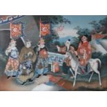 19THC CHINESE REVERSE GLASS PAINTING a processional painting with a figure on horseback and
