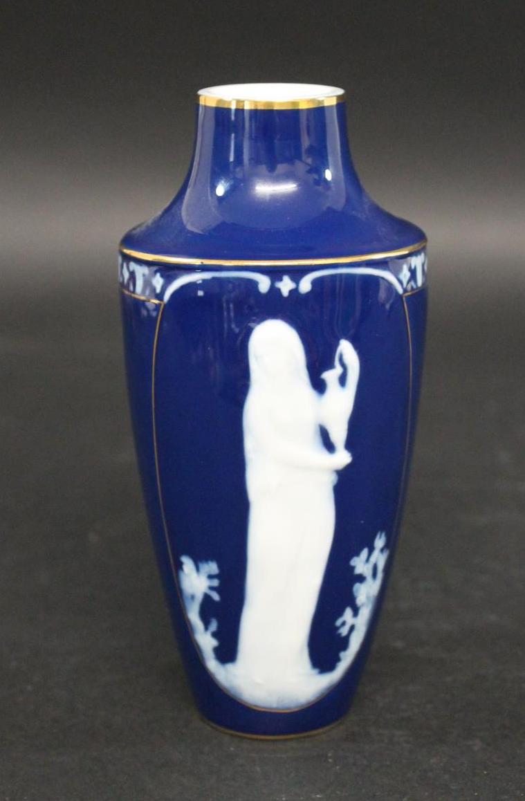 LIMOGES PATE SUR PATE VASE - MARCEL CHAUFRIASSE a 20thc porcelain vase, with a classical figure