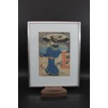 JAPANESE WOODBLOCK PRINTS including a framed print by Kunisada, with original label to the reverse
