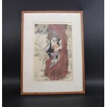 JAPANESE WOODBLOCK PRINT with a depiction of a mother holding a child underneath the branch of a