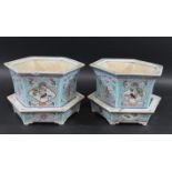 PAIR OF CHINESE JARDINIERE'S & STANDS circa 1900, of hexagonal shape and painted with panels of