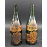 PAIR OF EARLY GLASS BOTTLES - MINT & SHRUB two 19thc green glass bottles, with original labelling