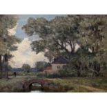 SIR ALFRED EAST, RA (1844-1913) COUNTRY SCENE WITH A FIGURE BY A STONE BRIDGE Signed, oil on