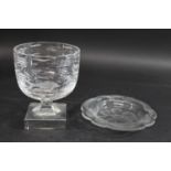 CAVIAR ENGRAVED GLASS BOWL & COVER - SIGNED the circular bowl engraved with a fish amongst water,