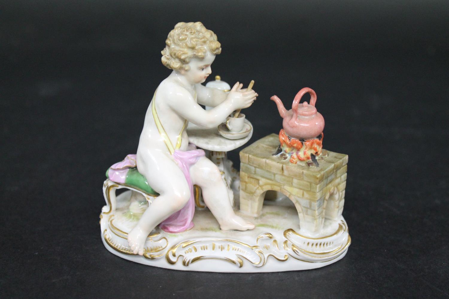 MEISSEN FIGURE a porcelain figure of a cherub mixing a drink, with a brazier and a kettle on a fire, - Image 2 of 13