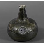EARLY 18THC DATED SEAL WINE BOTTLE - ALIX ERSKIN, 1709 an onion shaped dark green glass wine bottle,