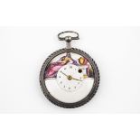 A CONTINENTAL OPEN FACED POCKET WATCH the white enamel dial depicting a scene of a lady seated by an