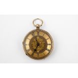 AN 18CT GOLD OPEN FACED POCKET WATCH the gold foliate dial with black Roman numerals, hallmarked for