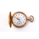 A 14CT GOLD FULL HUNTING CASED POCKET WATCH the white enamel dial signed Boutte, with black Arabic