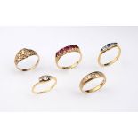 A SAPPHIRE AND DIAMOND FIVE STONE RING the three circular-cut sapphires are set with two circular-