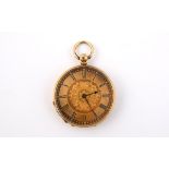 AN 18CT GOLD OPEN FACED POCKET WATCH the gold foliate dial with black Roman numerals, numbered