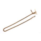 A 9CT GOLD CURB LINK WATCH CHAIN each link stamped 375 9, suspending a 9ct gold 't' bar, 38cm