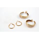 A PAIR OF 18CT THREE COLOUR GOLD HOOP EARRINGS 3cm long, 9.1 grams, together with a pair of 18ct