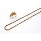 A 9CT GOLD HERRINGBONE LINK NECKLACE 59.5cm long, 10 grams, together with a gold ring, 3.4 grams,